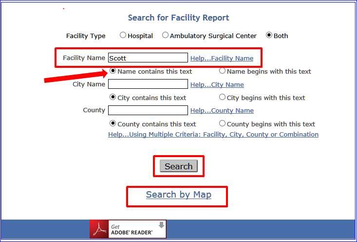The Facility Search page with the phrase "Scott"  entered in the Facility Name search box.